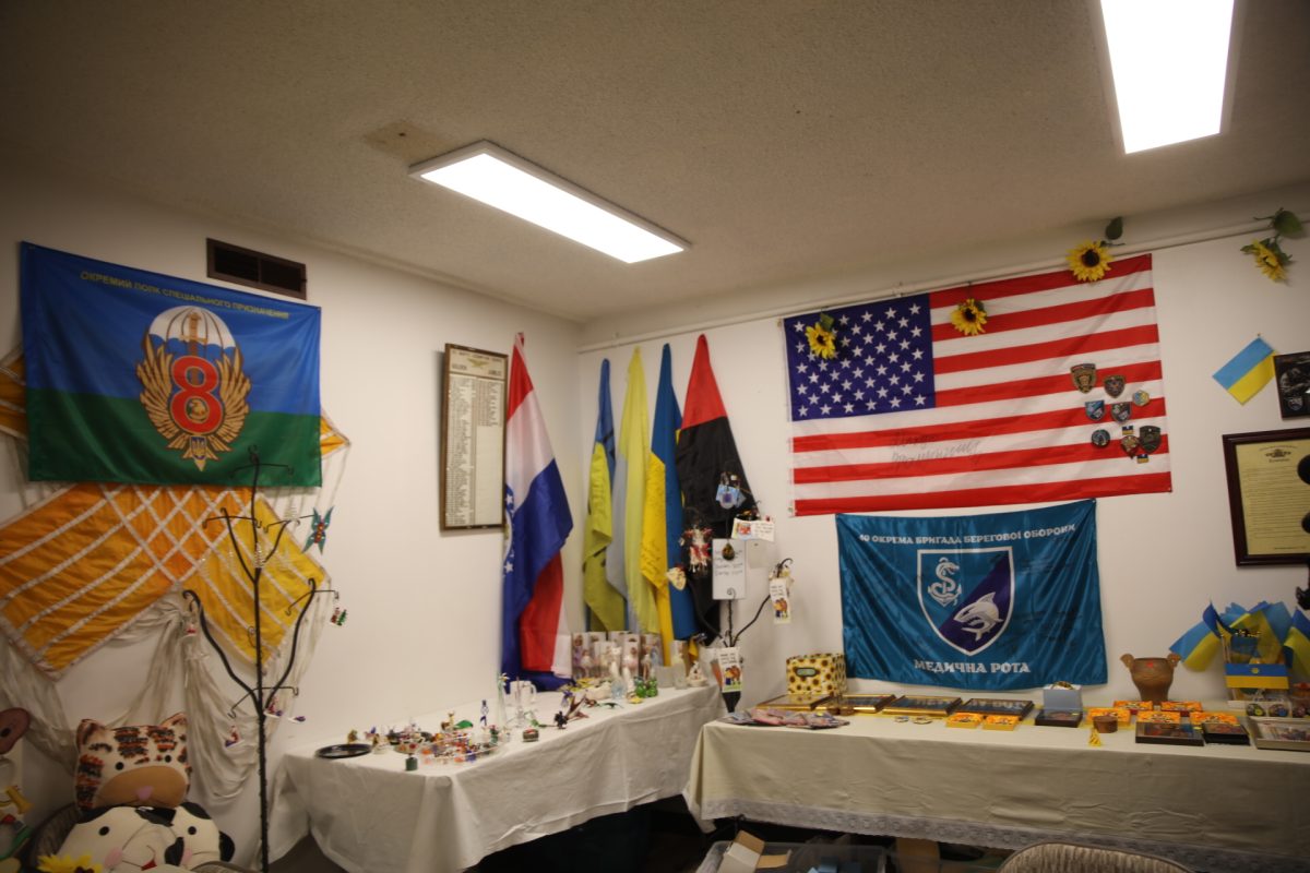The kitchen area of St. Mary’s Assumption Ukrainian Greek Catholic Church, where the press conference was held on Oct. 8, features various flags.