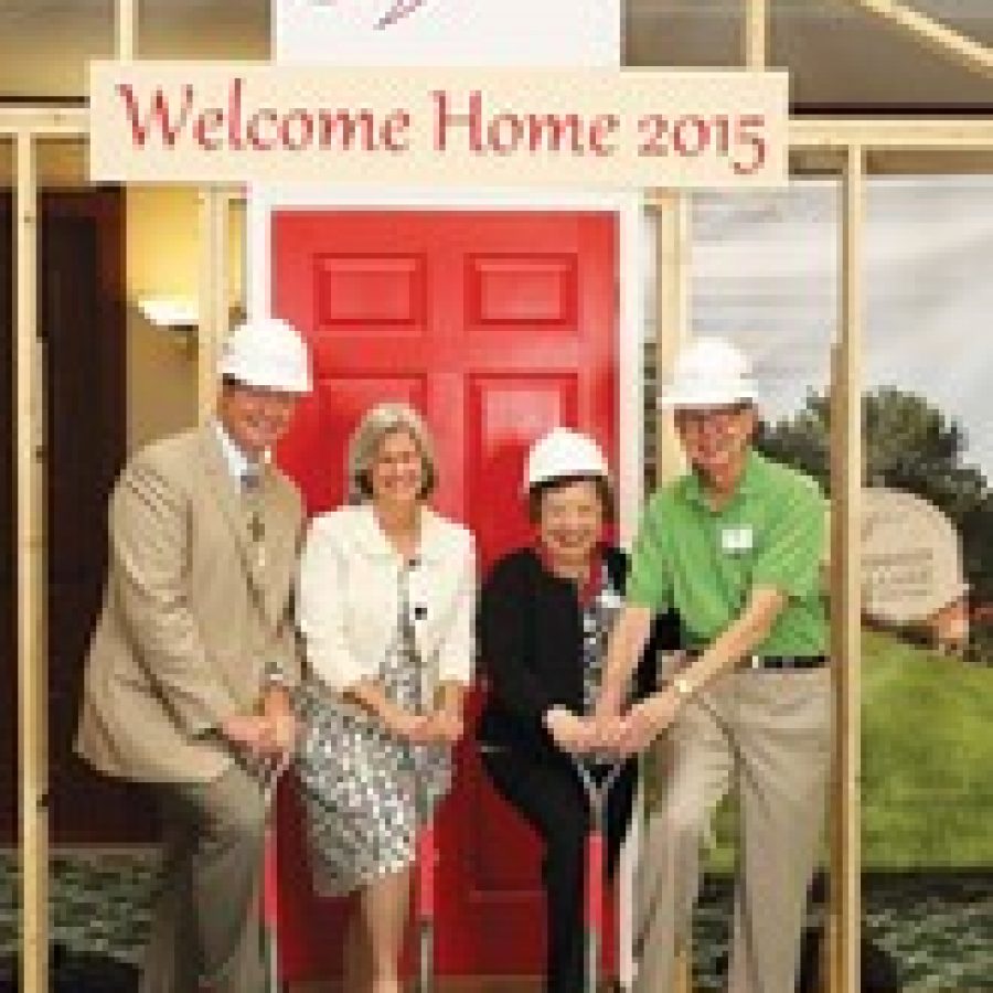 Mike Heselbarth, left, Friendship Village corporate operations director; and Lydia Seibert, second from left, Friendship Village incoming board chairwoman as of July 1; join Martha and John Short, right, in a nontraditional groundbreaking ceremony at Friendship Village Sunset Hills. 