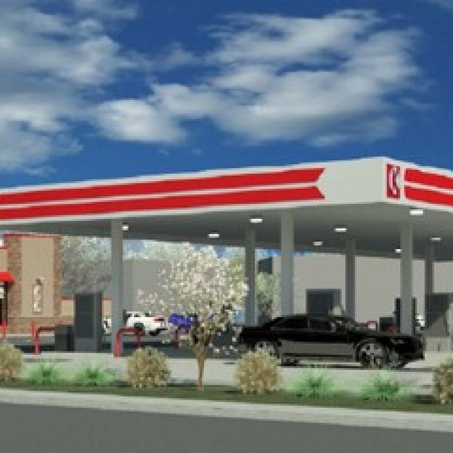 A rendering provided by Meland Properties depicts the view of a proposed Circle K gas station and car wash from the intersection of Sappington and Denny roads, looking northeast.