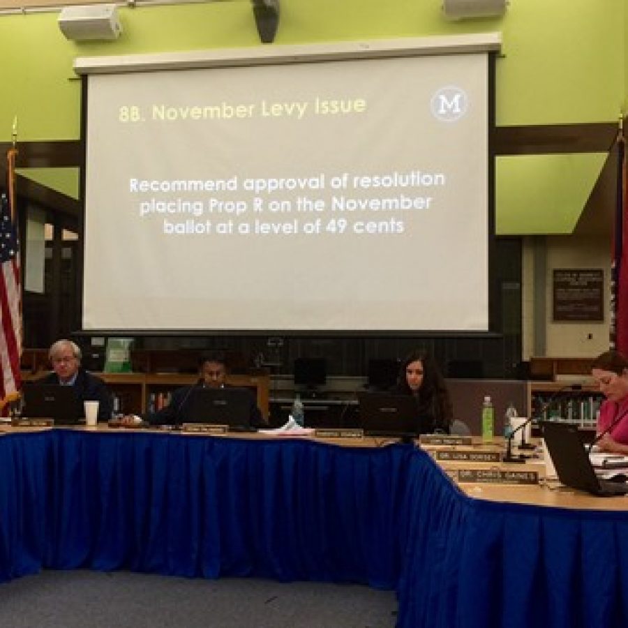 The Mehlville Board of Education discusses placing Proposition R on the ballot last week. From left, board members Jean Pretto, Vice President Larry Felton, President Vanki Palamand, Secretary Samantha Stormer, Lori Trakas and Lisa Dorsey, with Superintendent Chris Gaines, right.