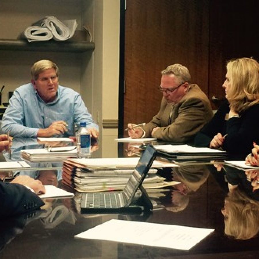 Mayor Mark Furrer, second from left, talks about whether Sunset Hills should add a city administrator at a Nov. 24 work session. Also pictured, from left, are City Attorney Robert E. Jones, Ward 3 Alderman Kurt Krueger, Ward 4 Alderman Pat Fribis and Ward 1 Alderman Dee Baebler.