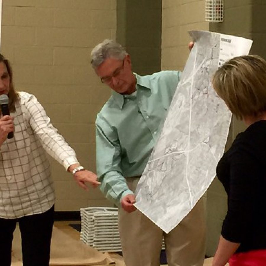 Sunset Hills aldermen present their ideas on what types of development should go where in the city to Houseal Lavigne at a visioning workshop in April. Presenting their ideas are Ward 4 Alderman Pat Fribis, left, and acting board President Tom Musich, center.