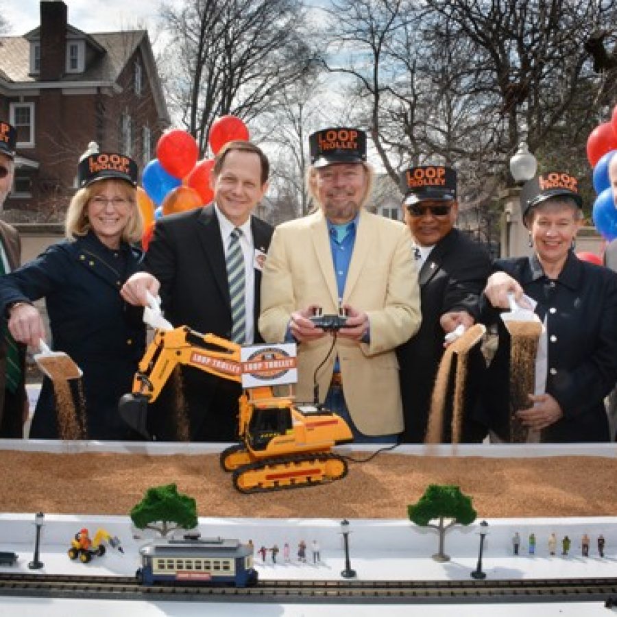 County Executive Steve Stenger did not attend the March 12 groundbreaking for the Loop Trolley. Officials in attendance, from left, were Les Sterman of the Loop Trolley Committee; Susan Trautman, executive director, Great Rivers Greenway; St. Louis Mayor Francis Slay; Joe Edwards; Mokhtee Ahmad, region administrator of Region 7 for the Federal Transit Authority; University City Mayor Shelley Welsch; and Metro CEO John Nations.