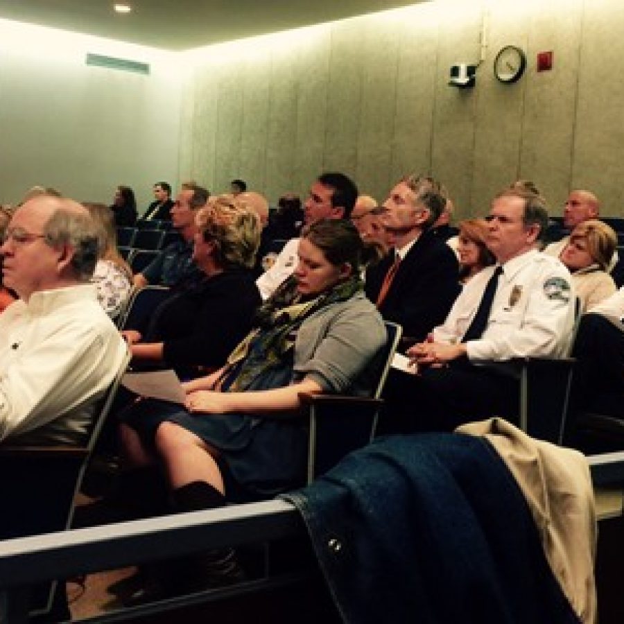 Police chiefs packed the County Council Chambers last week, including far left, Sunset Hills Police Chief William LaGrand and middle, Crestwood Deputy Chief Ron Compton.