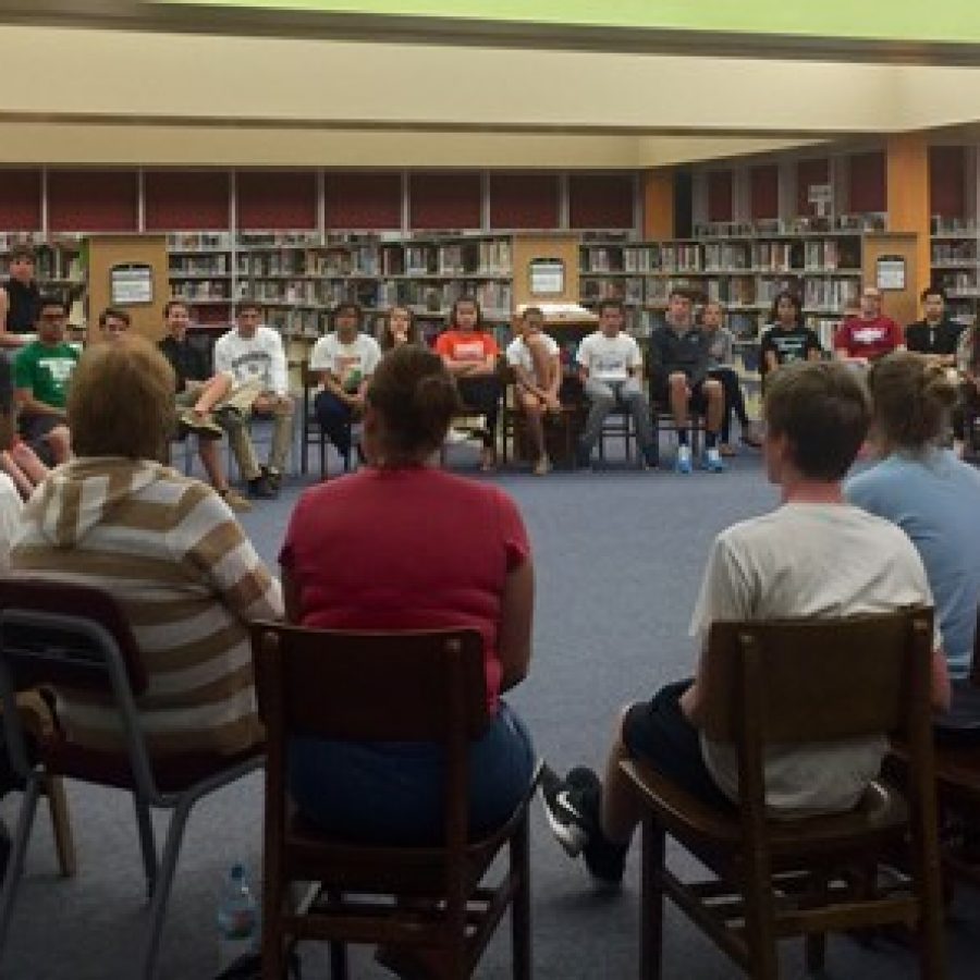 The Mehlville Student Council listens as Board of Education President Venki Palamand answers a question last week. From left in front, board members attending were Secretary Samantha Stormer, Vice President Larry Felton, Palamand, Jean Pretto and Lori Trakas.