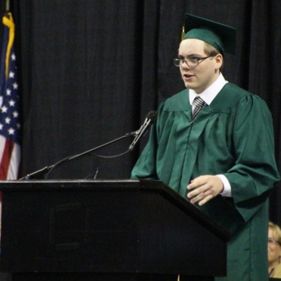 Senior speaker Nathan Herd addresses his peers during the Lindbergh High School graduation ceremony Tuesday at Chaifetz Arena.