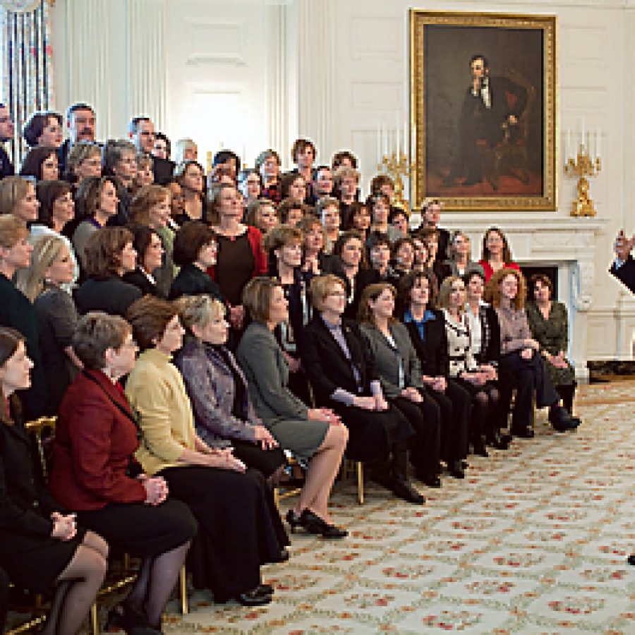 President Barack Obama addresses recipients of the 2009 Presidential Award for Excellence in Mathematics and Science Teaching at the White House on Jan. 6. Mehlville literacy coach Kay Riek is seated in the first row on the far left.