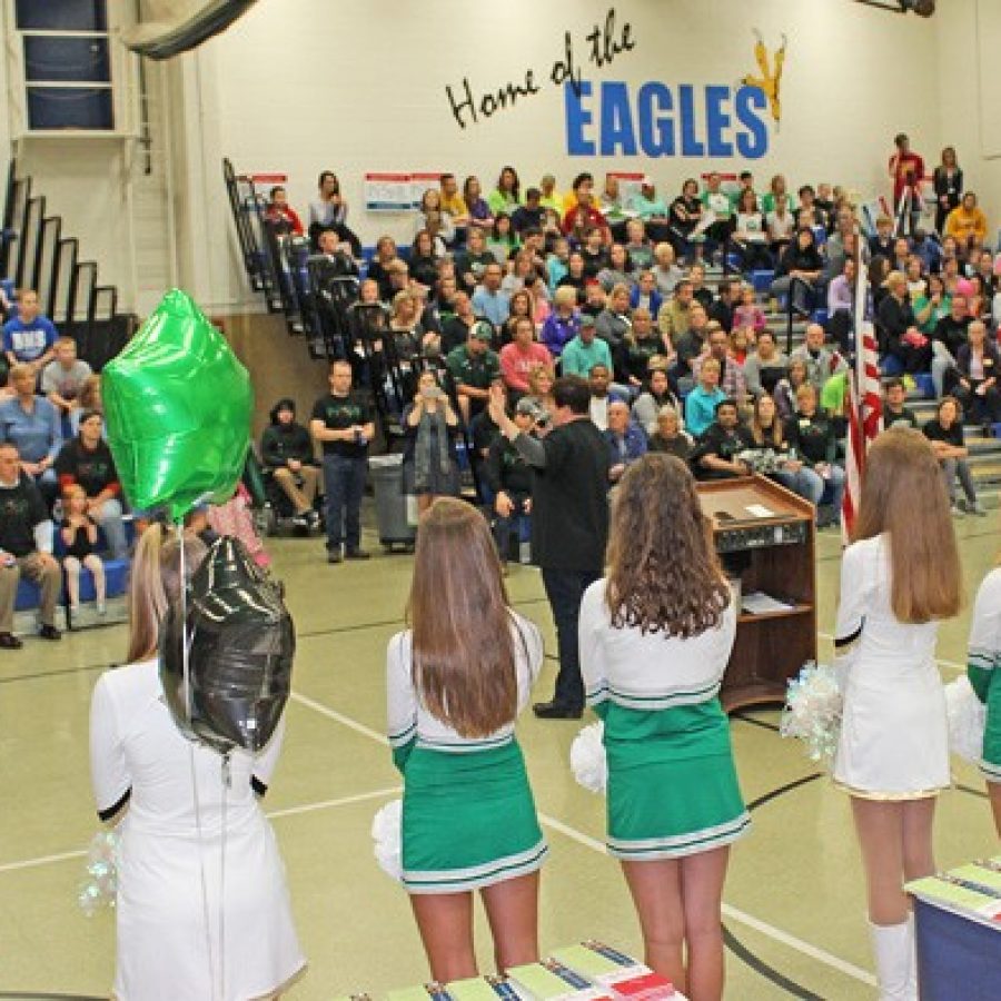 Above, the Mehlville Pantherettes and Oakville Golden Girls made a rare joint appearance at an Oct. 24 rally for Prop R at Washington Middle School.