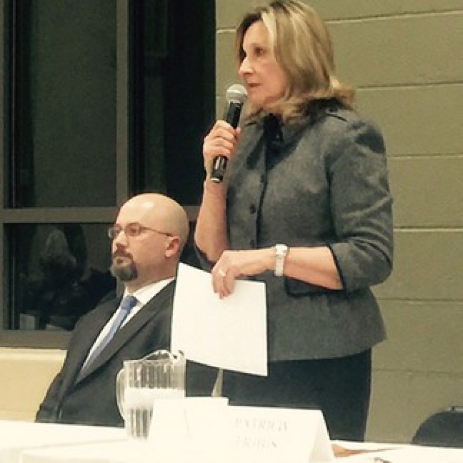 Ward 4 Alderman Pat Fribis, right, introduces herself at last weeks mayoral forum in Sunset Hills. Also pictured is mayoral candidate Gregory Nelson.