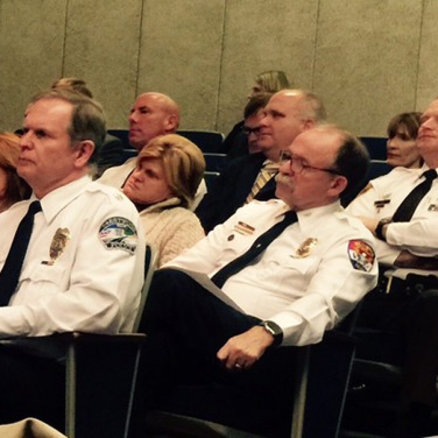 Deputy police chiefs listen during a Committee of the Whole meeting of the County Council on the police standards last November. Pictured, left, is Crestwood Deputy Chief Ron Compton, and right, county Deputy Chief Ken Cox of Oakville.