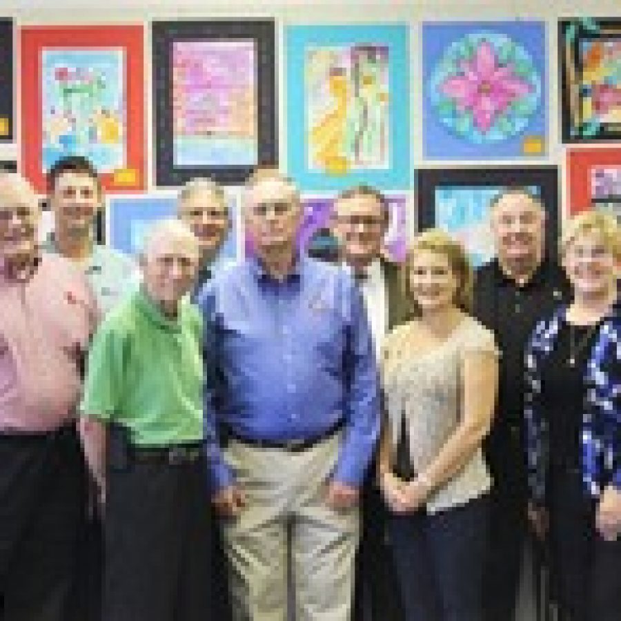 At the annual luncheon for former school board members, back row, from left, are: Larry McIntosh, David Peek, Frank Gregory, Michael Steeno, Charlie Schneider, Marla Dell and current board member Mark Rudoff. Front row, from left, are: Janine Fabick, Phillip Carlock, current board Vice President Don Bee, Vic Lenz, current board member Kate Holloway, Joyce Brockhaus and current board Secretary Karen Schuster. 