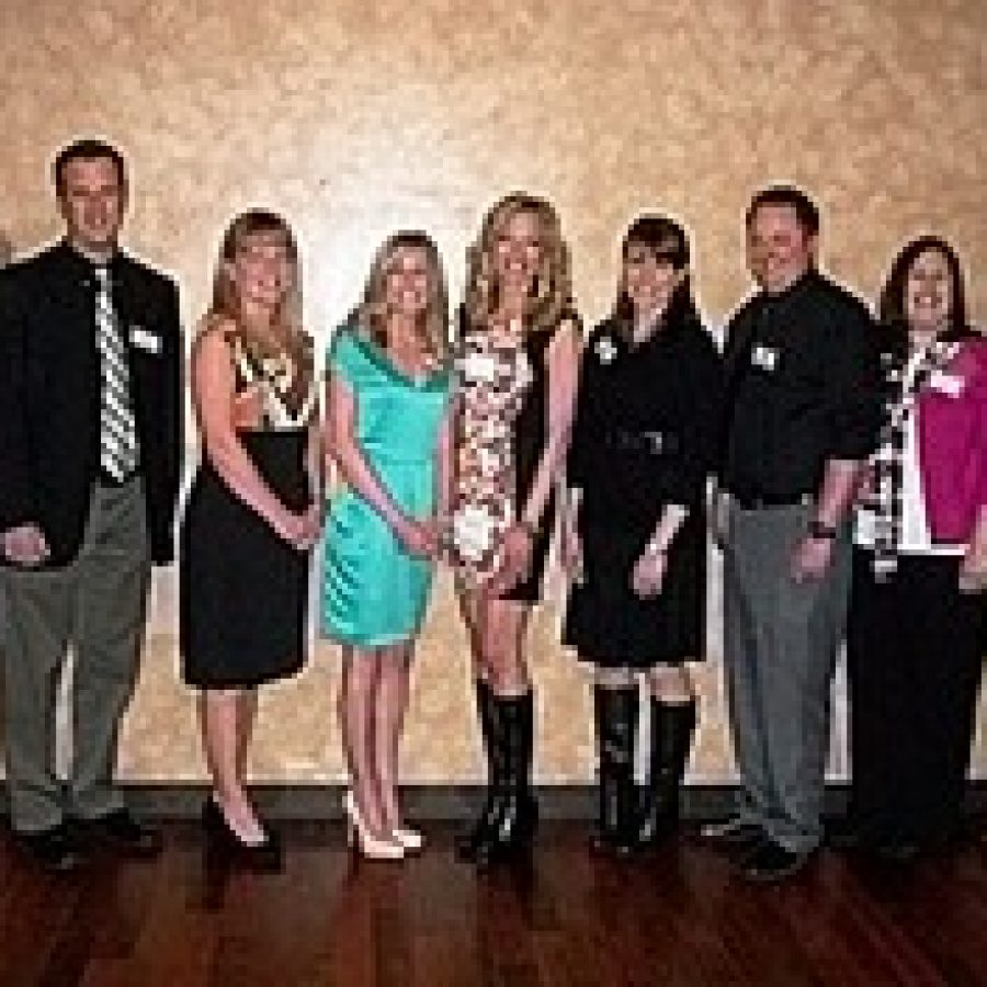 Teachers honored at the Lemay Chamber of Commerces 12th annual Outstanding Educator Recognition Dinner, from left, are: Julie Kelleher of Hancock Place Elementary School, Krista Dunn of Hancock Place Middle School, Brian Murphy of Hancock Place High School, Susan Montgomery of Beasley Elementary School, Erin Baumann of Bierbaum Elementary School, Karen Colombo of Forder Elementary School, Kimberly Rapp of Margaret Buerkle Middle School, Matt Phoenix of Mehlville High School, Stephanie Torbeck of Green Park Lutheran School, Amy Bush of Notre Dame High School and Cathy Bowerman of St. Mark Catholic School.
 