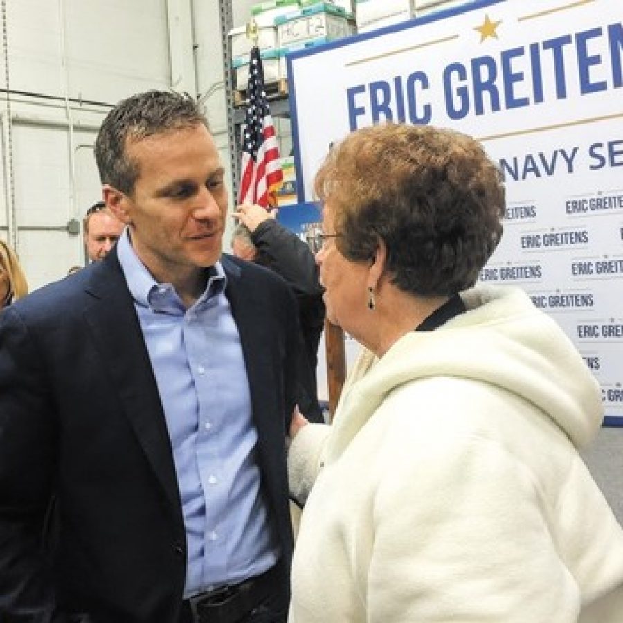 Gov. Eric Greitens last stop on a statewide tour before taking office was in St. Louis County earlier this month. The governor, a self-proclaimed conservative outsider, thanked key backers at the Jan. 7 Maryland Heights rally, including former Rep. Earlene Judd of Concord, right.