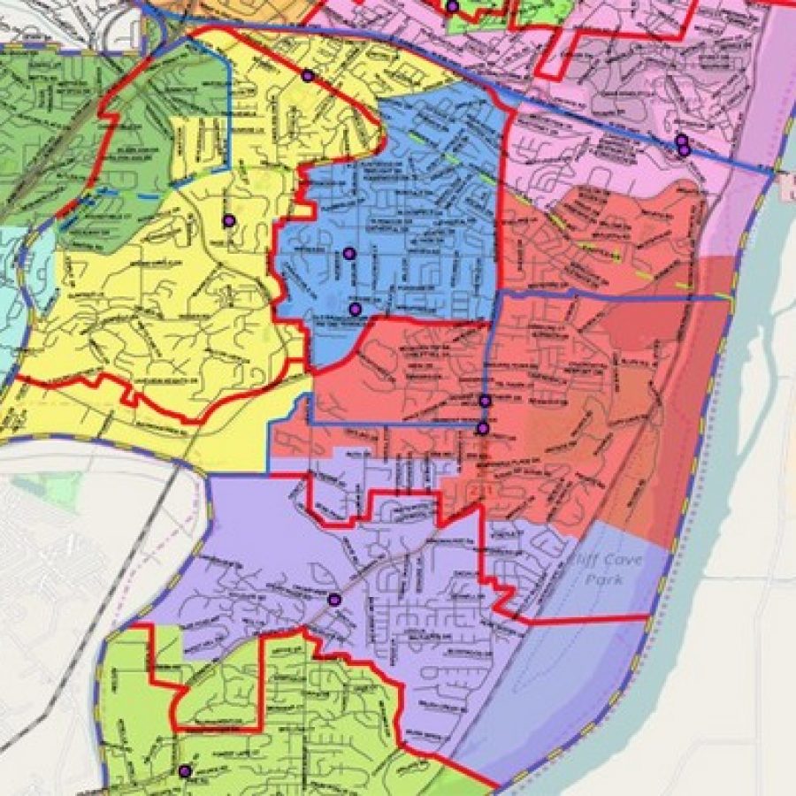 The elementary redistricting in Oakville, as proposed under Scenario A. The northern boundary of Rogers Elementary is shown at the bottom of this image, and Interstate 255 is shown at the top of the image. Rogers is in green, Point is in purple, Wohlwend is in red, Oakville Elementary in blue, Blades in yellow and Trautwein in green.  