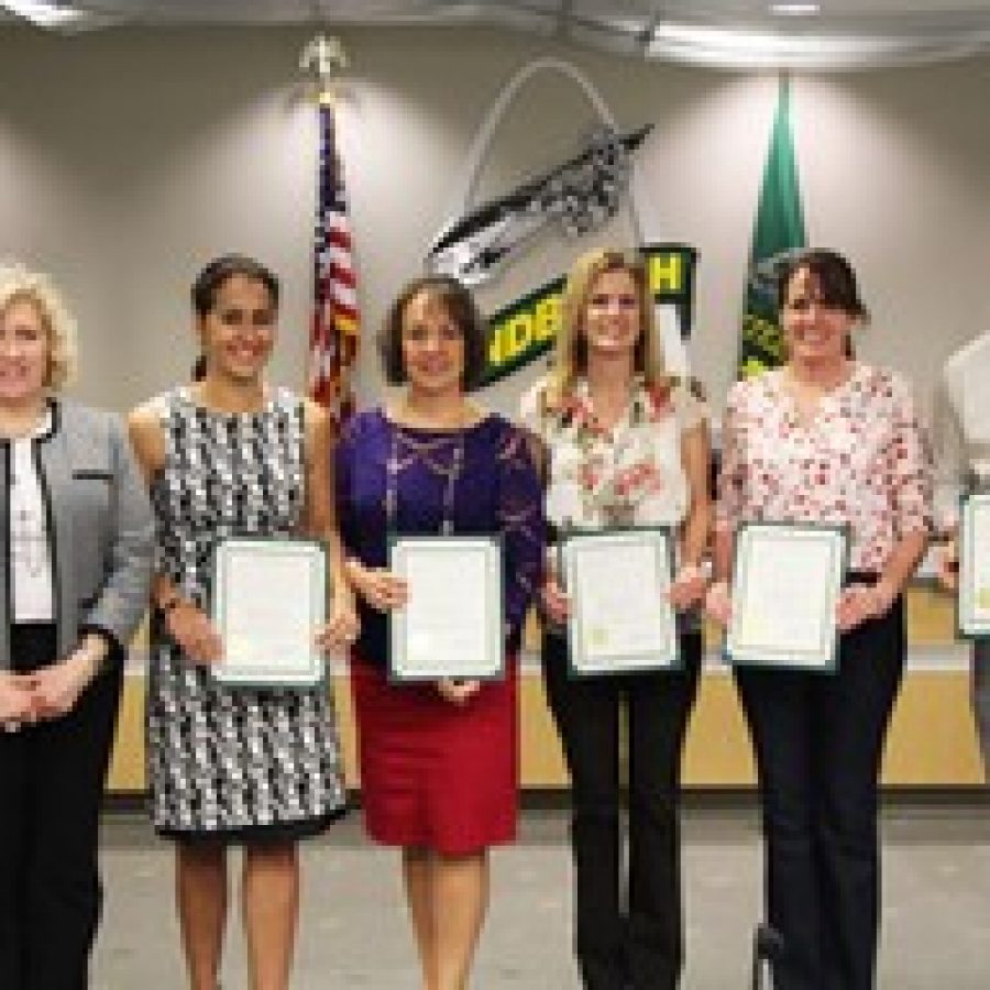 Lindberghs 2013 National Board-Certified teachers, pictured with Board of Education President Kathy Kienstra, left, are: Sharon Henry, Leah Wenger, Judi Fuchs, Karen Kershaw and Brad Durnell. Not pictured are Anne Gastreich and Barry Marquart.
 