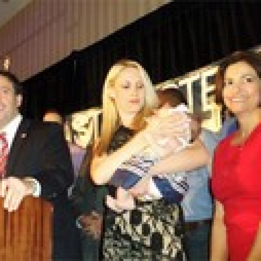 Steve Stenger, left, celebrates his Democratic primary victory Tuesday, along with, from left, Stengers wife Allison, their daughter Madeline Jane and Stengers legislative assistant Linda Henry.