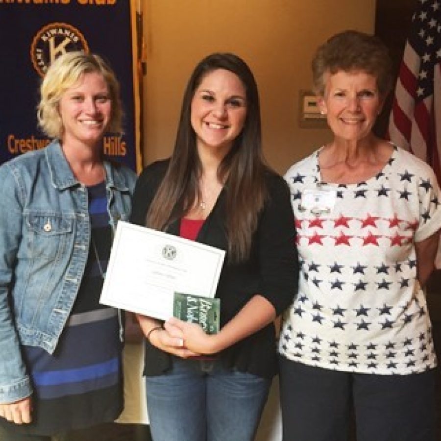 Lindbergh High School senior Sydney Offner celebrates her Student of the Month honor with Nancy Benson, right, of the Kiwanis Club of Crestwood-Sunset Hills, and LHS counselor Kate Keegan, left.
