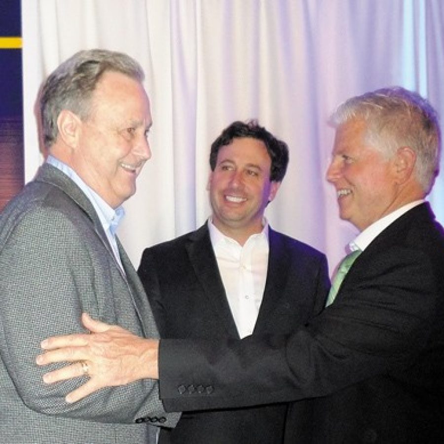 Fifth District County Councilman Pat Dolan, D-Richmond Heights, right, and County Executive Steve Stenger, D-Affton, center, congratulate Kevin OLeary  on his election to the 6th District County Council seat last week. Stenger vacated the seat after his election to the county executives post.