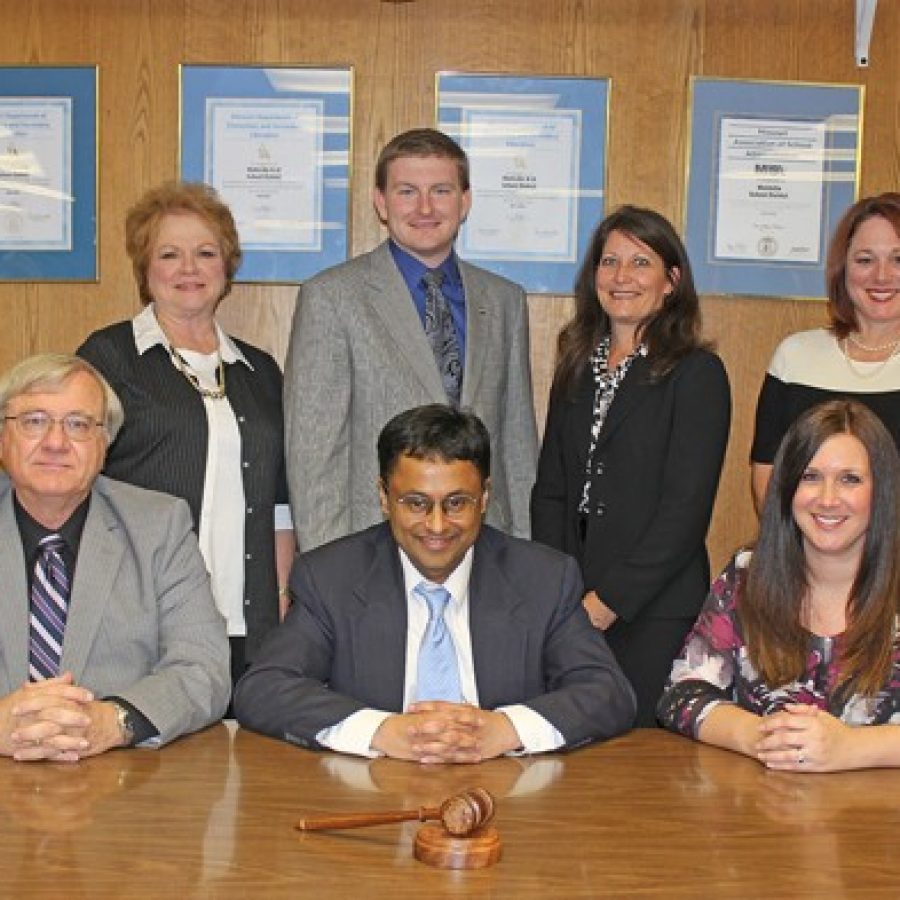 The 2015-2016 Mehlville Board of Education group photo, with officers in the front: from left, Vice President Larry Felton, President Venki Palamand and Secretary Samantha Stormer. Back, left to right, Jean Pretto, Jamey Murphy, Lisa Dorsey and Lori Trakas.