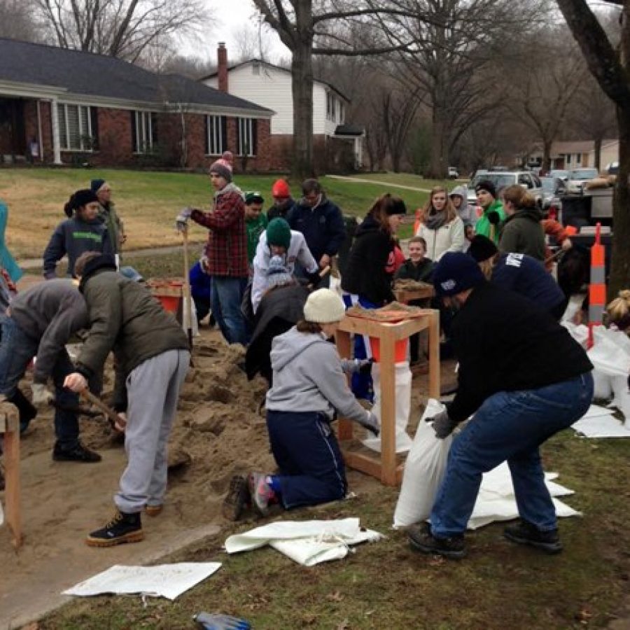 In a picture Sunset Hills Mayor Mark Furrer posted to his Facebook page, Lindbergh students and Sunset Hills residents fill 6,000 sandbags at Forest View Subdivision Wednesday.