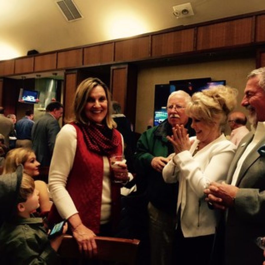 Sunset Hills Ward 4 Alderman Pat Fribis, left, is shown with Ward 4 Alderman Donna Ernst and Ward 4 candidate Thompson Price Tuesday night. Fribis is the apparent victor in the citys mayoral race, while Price is the apparent winner in the citys Ward 4 race. Gloria Lloyd photo
 