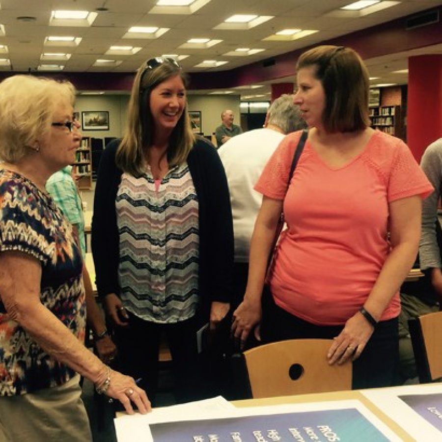 Oakville High parents and grandparents discuss block scheduling at a public meeting Sept. 9 at OHS.