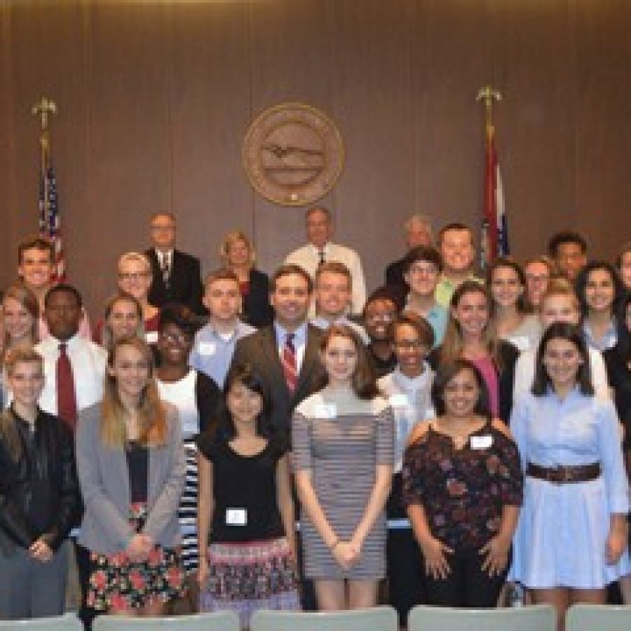 County Executive Steve Stenger presents a proclamation to the 2016 Outstanding Student Leaders Tuesday. Pictured in the back are, from left, 6th District Councilman Kevin OLeary, D-Oakville, 3rd District Councilwoman Colleen Wasinger, R-Town and Country, council Chairman Mike OMara, D-Florissant, and 5th District Councilman Pat Dolan, D-Richmond Heights.