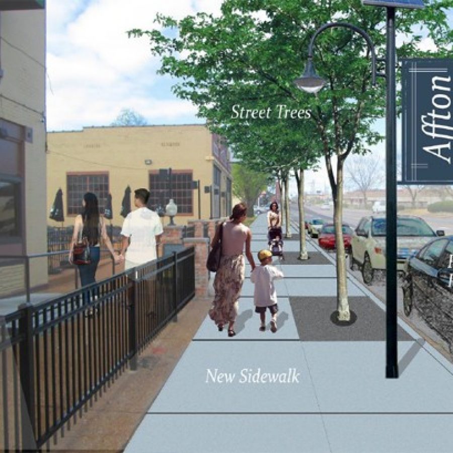 East-West Gateways long-term vision of what the Gravois Heights area along Gravois Road in Affton could look like with Great Streets-like investment.