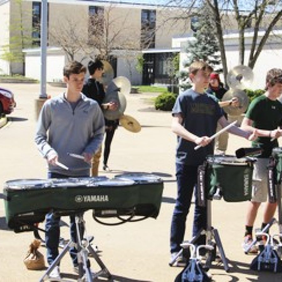 Members of the Lindbergh High School Drumline entertained students at lunchtime during the 36-hour LHS Musicthon that raised \$1,800 for childhood cancer research.