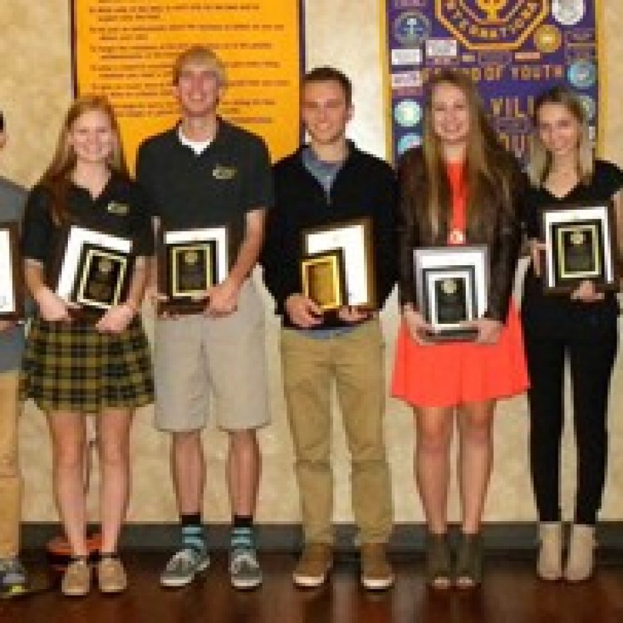 Mehlville Optimist Club member John Roland, left, is shown with local high school students honored by the club. Pictured, from left, are: Shalaka Nimmagadda and Randall Le, Lindbergh High School; Meredith Meyer and Lucas Steffan, Lutheran High School South; Dominic Meyer and Alyssa Drew, Mehlville High School; Shayla Hrncic and Shannon Goersch, Oakville High School; and Optimist Club President Curt Overbey. Not pictured are: Arifa Klokic and Nedzad Durakovic, Hancock High School.