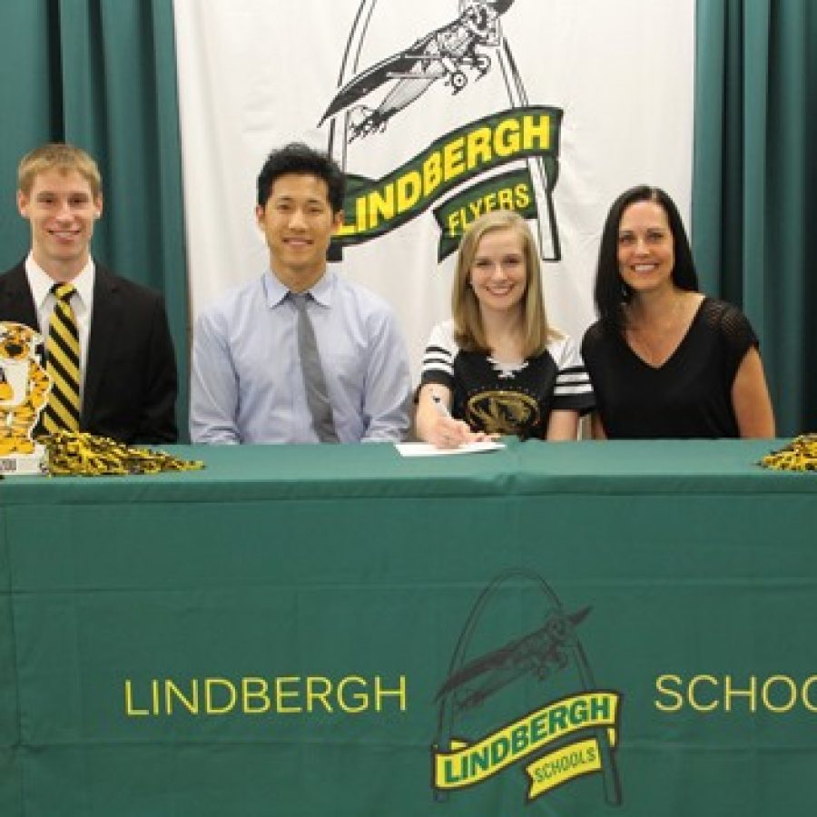 Lindbergh High School senior Briana Bennett is the recipient of a \$20,000 music scholarship from the University of Missouri-Columbia. She is pictured, from left, with: Ben Harting, admissions coordinator for the Mizzou School of Music; Alex Chang, LHS orchestra director; and Laura Swearingen, LHS director of vocal music.