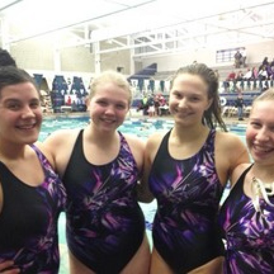 Members of the Affton High School girls 200-freestyle relay team who broke the school read by 1.4 seconds, from left, are: Lydia McCurren, Katie McAlister, Madeline Mullins and Anna Pyne. 