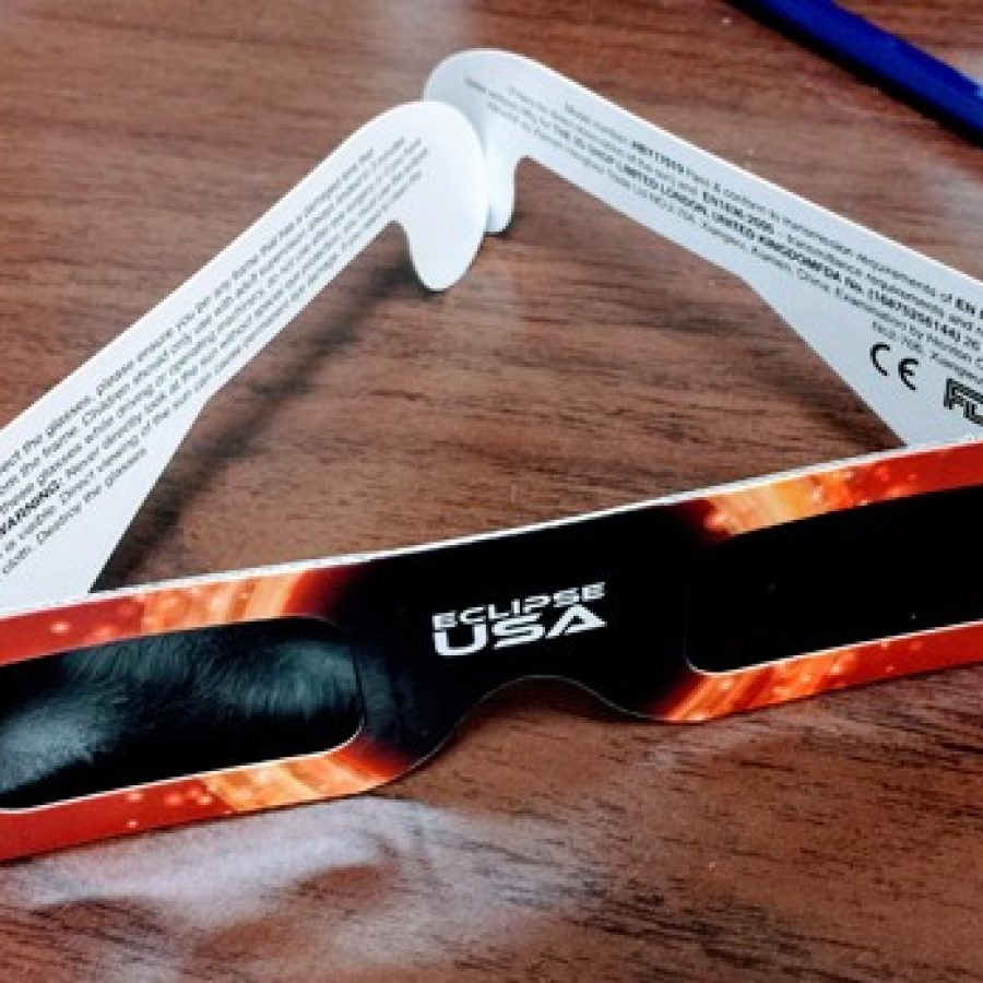 A pair of counterfeit eclipse glasses sold by Laumeier Sculpture Park last week. The park has urged its customers not to wear the glasses, which were recalled by Amazon.