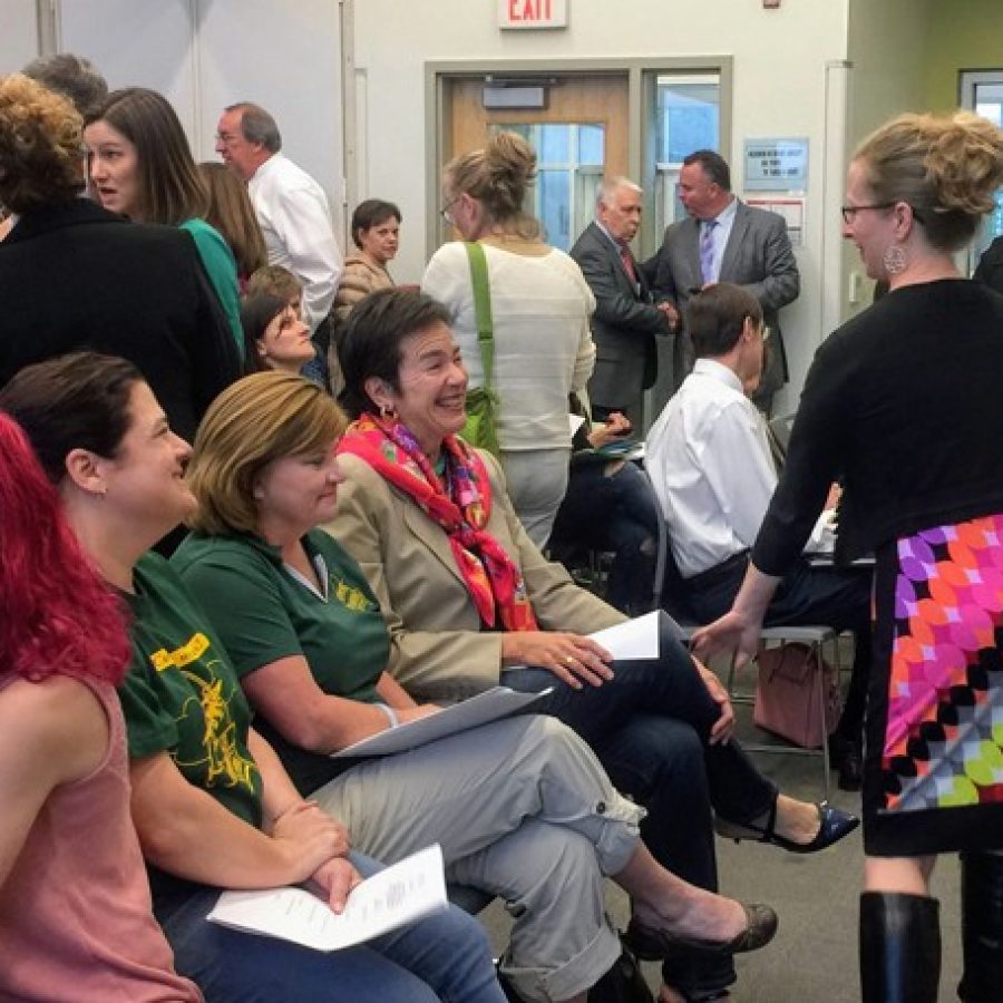 New Lindbergh Board of Education President Karen Schuster, right, greets, from left, LNEA President Kim Scronce, LNEA Vice President Gretchen Moser and unsuccessful Lindbergh candidate Martha Duchild before the April 11 meeting. In the background, board Vice President Jennifer Miller talks to new board members Christy Watz and, not pictured, Matt Alonzo.