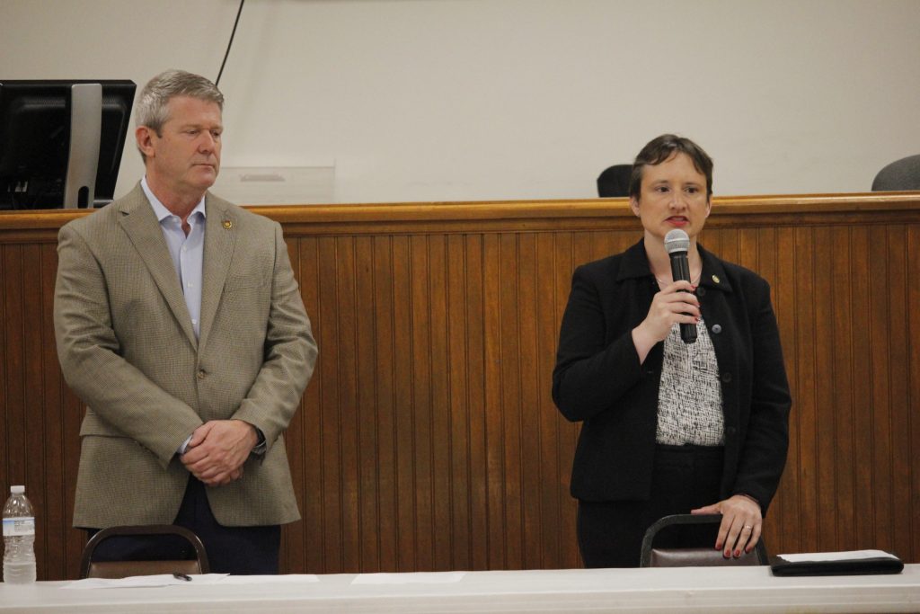 Rep. Doug Beck, D-Affton, left, and Rep. Sarah Unsicker, D-Shrewsbury, right,
discuss the highs and the lows of the 2019 legislative session during a town hall
meeting at the Affton Elks Lodge. Photo by Erin Achenbach. 