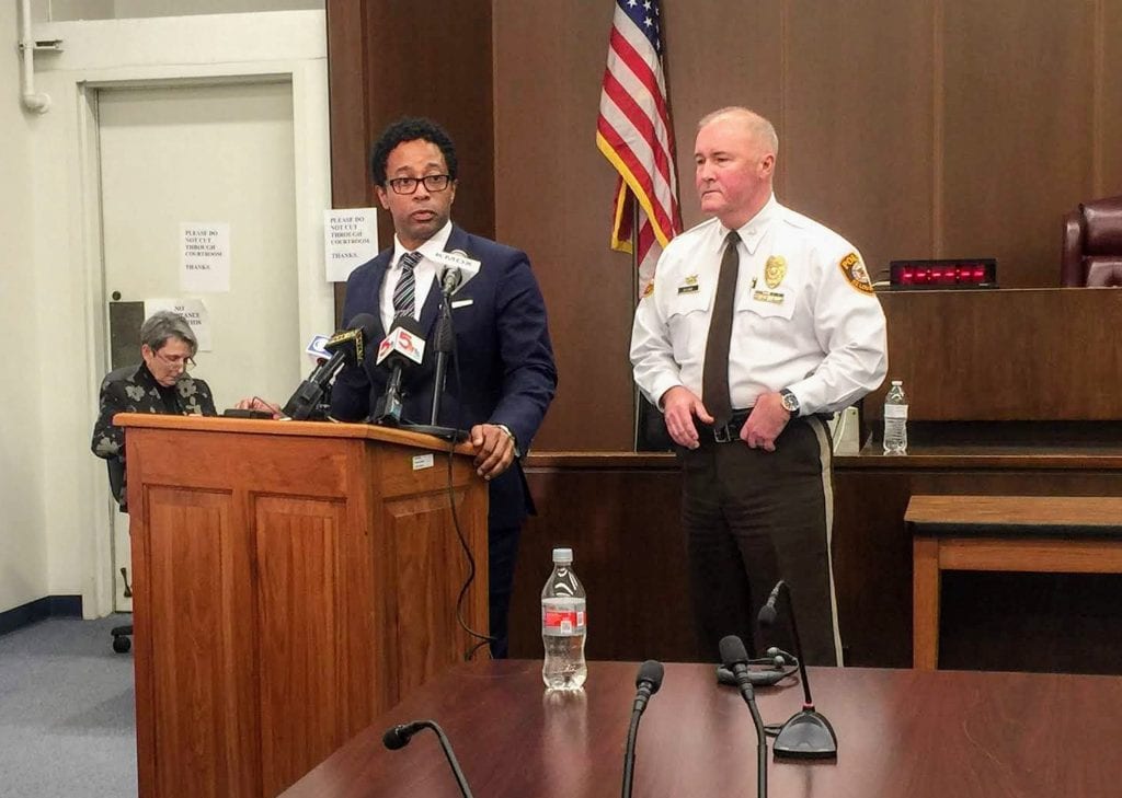 St. Louis County Prosecuting Attorney Wesley Bell, left, and police Chief Jon Belmar speak at a press conference after the February 2019 trial of Trenton Forster, who was convicted of first-degree murder for killing Officer Blake Snyder. Photo by Gloria Lloyd.