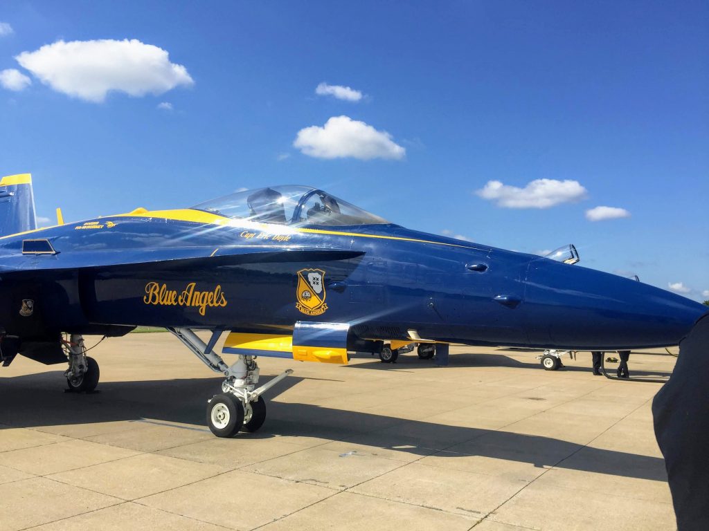 The+Blue+Angels+No.+1+plane+of+Capt.+Eric+Doyle+just+after+arriving+in+Chesterfield+for+the+Spirit+of+St.+Louis+Air+Show+this+weekend.+Photo+by+Gloria+Lloyd.