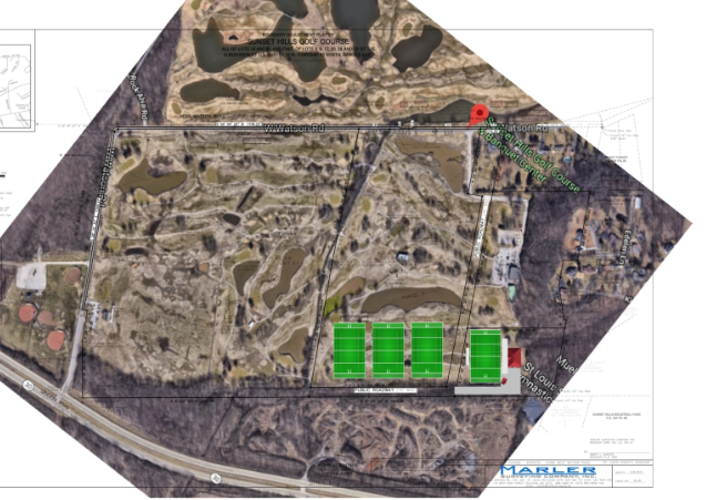 Pictured above: An aerial view of the Sunset Hills Golf Course, with the location of the proposed rugby park in green. Rendering courtesy of the St. Louis Bombers Rugby Club. 