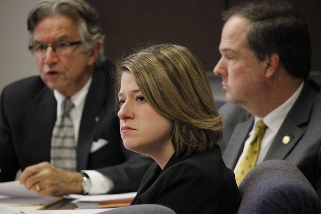 Fifth District Councilwoman Lisa Clancy, center, listens to members of the St. Louis Economic Development Partnership board testify in 2019 along with 6th District Councilman Ernie Trakas, left, and 7th District Councilman Mark Harder.