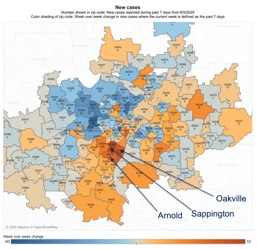 The slide shown by the St. Louis Metropolitan Pandemic Task Force last week that singled out South County as a coronavirus hotspot. 