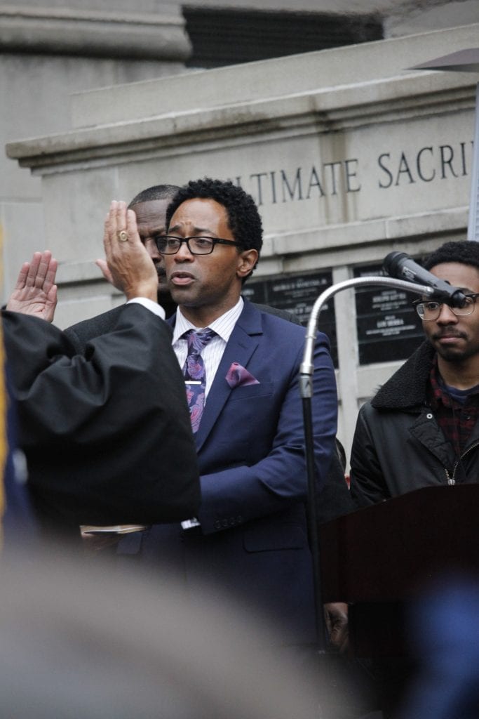 Wesley Bell is sworn in as the St. Louis County Prosecuting Attorney by Judge George W. Draper III i January 2019, after defeating former Prosecuting Attorney Robert McCulloch in an historic upset. Bell is the first Black prosecuting attorney for St. Louis County in its history. 