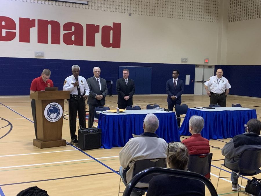 Acting Police Chief Kenneth Gregory speaks at a crime town hall Oct. 30, 2021. He is joined by Reps. Jim Murphy and Michael ODonnell, County Prosecuting Attorney Wesley Bell and South County Precinct Commander Jim Schneider.