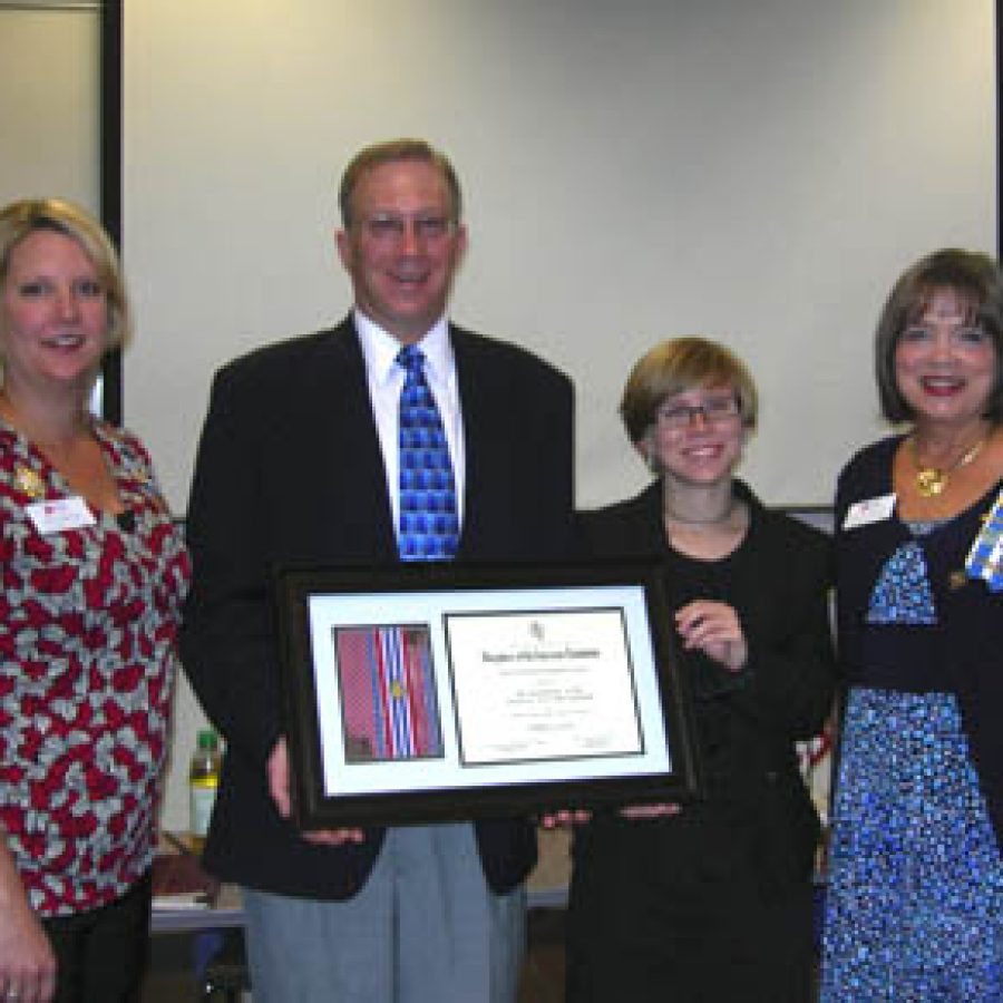 The Olde Towne Fenton Chapter of the National Society of the Daughters of the American Revolution presents the DARs Historic Preservation Recognition Award to the Missouri Civil War Museum. Pictured, from left are: Amy Dehner, Olde Towne Fenton Chapter regent; Gary Stevens, marketing and public relations director of the Missouri Civil War Museum; Alex Choate, curator of the Missouri Civil War Museum; and Nora Zimmer, Olde Towne Fenton Chapter Historic Preservation chairman.