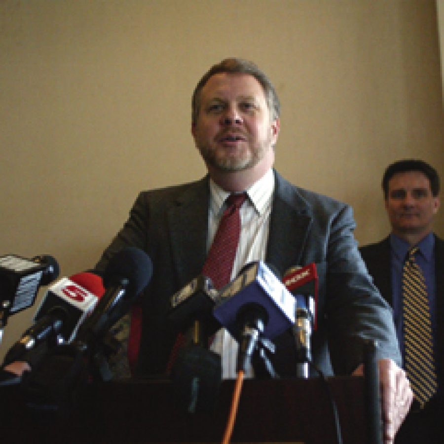 Oakville resident Tom Diehl addresses the media during a press conference called to discuss a state appellate courts ruling to dismiss a \$5 million libel, defamation, slander and business conspiracy lawsuit filed against him by Fred Weber Inc.