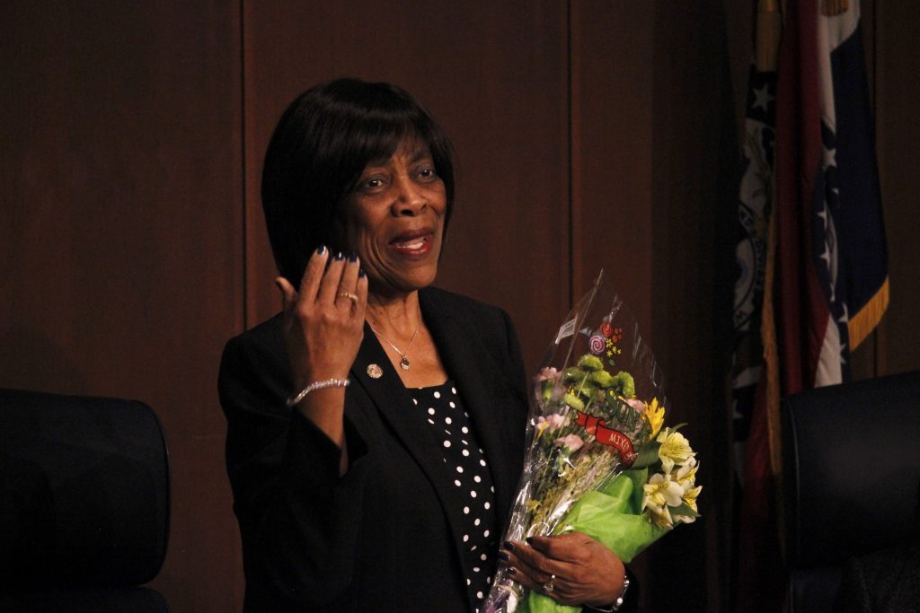 Former+1st+District+Councilwoman+Hazel+Erby+thanks+her+supporters+and+fellow+council+members+during+her+last+meeting+on+the+St.+Louis+County+Council+May+15+in+Clayton.+The+former+councilwoman+received+a+standing+ovation+from+the+audience+and+council%2C+with+some+audience+members+going+to+the+dais+to+give+her+flowers.