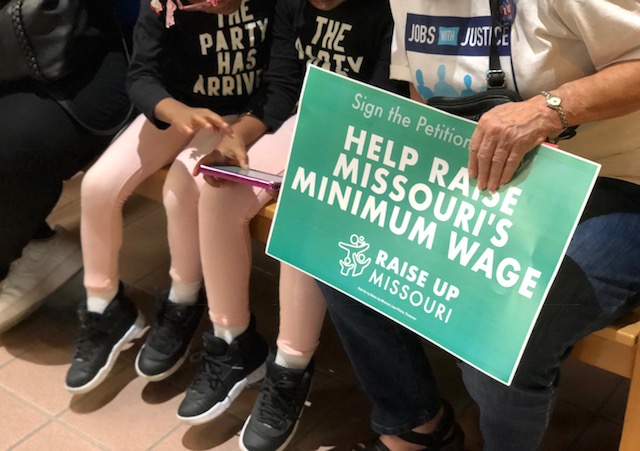 Supporters of Raise Up Missouri rallied at the Missouri Secretary of States office in May to support a ballot initiative that would raise the minimum wage. Proposition B will be on the ballot Nov. 6, and would gradually increase the minimum wage. Photo by Erin Achenbach. 