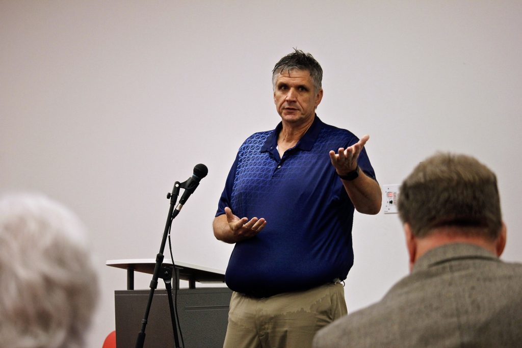 Daniel Dreisewerd, acting director of the St. Louis County Department of Transportation and Public Works takes questions from residents regarding the Gravois-Musick construction during a town hall at Grant's View Branch of the county library Wednesday, June 26. Photo by Erin Achenbach. 