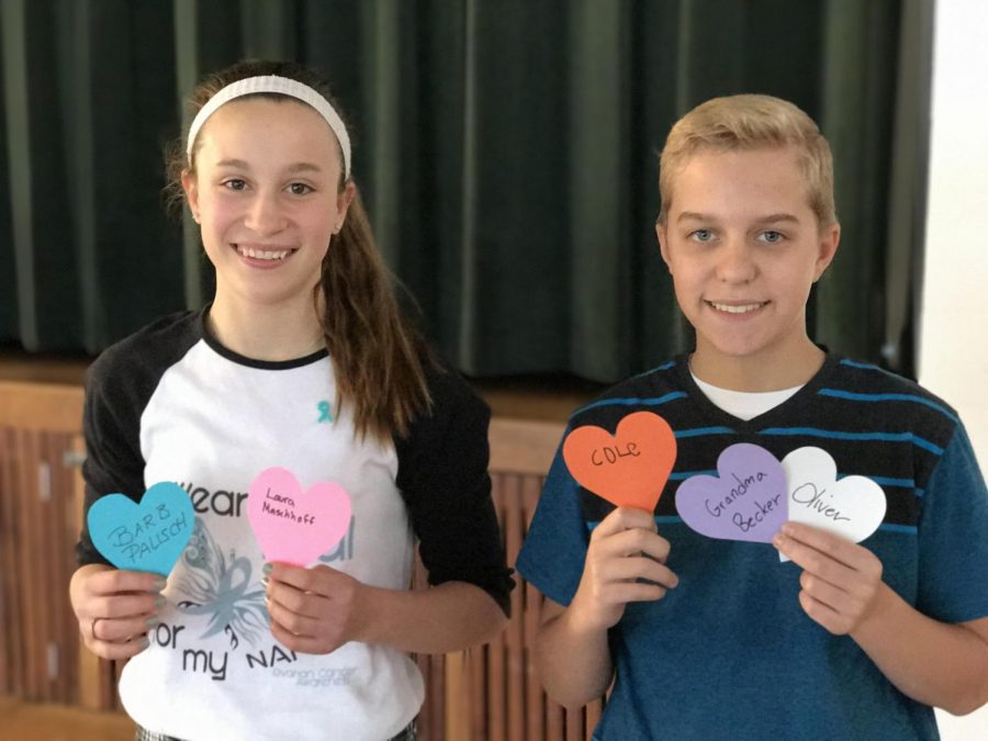 Green Park Lutheran School students National Junior Honor Society President Matt Buck, right, and Vice President Katie Huster encouraged fellow Green Park Lutheran students to dress in spirit and support for cancer research in March 2017. 