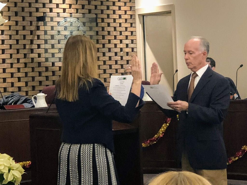 Crestwood Economic Development Commission member Greg Hall is sworn in as Ward 3 alderman by city clerk Helen Ingold on Nov. 27. Hall was appointed to the Ward 3 seat by Mabie. Photo by Erin Achenbach.