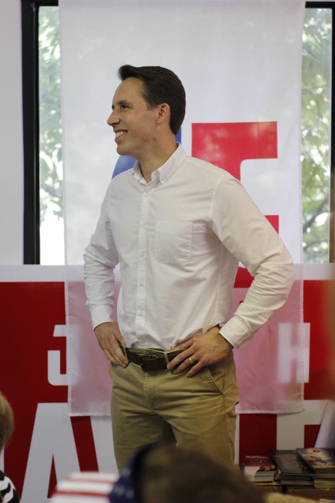 Then-Senate candidate and now Sen. Josh Hawley speaks at a “Stop Schumer, Fire Claire” tour stop in Ballwin, Missouri on Tuesday, Oct. 23, 2018. Hawley defeated incumbent Sen. Claire McCaskill in November 2018, receiving 51.43 percent of the vote compared to McCaskill’s 45.47 percent. Photo by Erin Achenbach. 